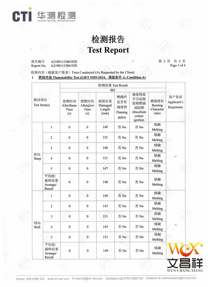 Flame-retardant Oxford cloth test report